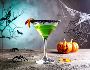 Halloween martini cocktail with green glowing liquid