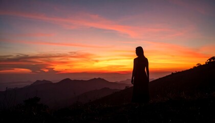 Silhouette woman at sunset over mountains