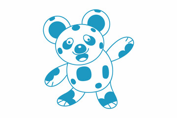 Cheerful cartoon panda with blue spots waves its arm on white background