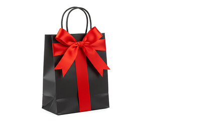 Fototapeta premium An elegant gift bag, meticulously adorned with a vivid red ribbon, presented with a sense of celebration. Capturing the essence of gift-giving.