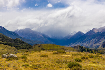Patagonia mountain landscape. National parks of Chile and Argentina in South America scenic mountain summits view. Rocky granite peaks and glaciers in Patagonia Andes on a sunny day in summer