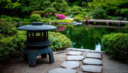 A serene Japanese-style garden lantern stands amidst lush greenery, reflecting tranquility in a tranquil pond setting.