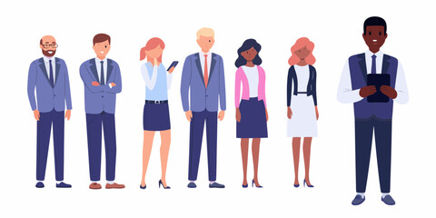 Diverse group of business professionals in suits standing together against a white background