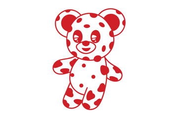Cheerful polka dotted teddy bear stands on the white background with red accents