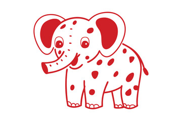 Cheerful red cartoon elephant with spots cheerfully stands, isolated against a white background