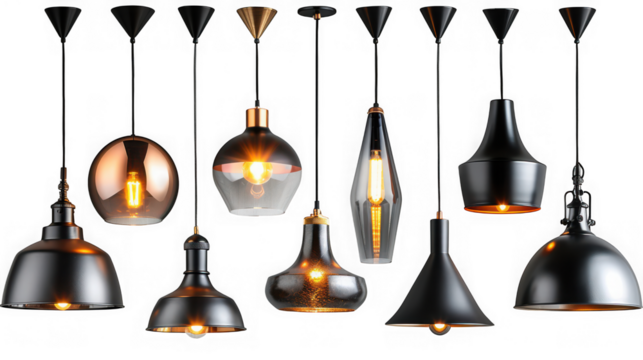 A collection of modern pendant lights isolated on transparent background, showcasing various designs and finishes, perfect for adding a stylish touch to any interior space