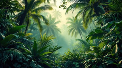 Lush tropical rainforest with tall palm trees and dense greenery in a serene setting during the early morning light