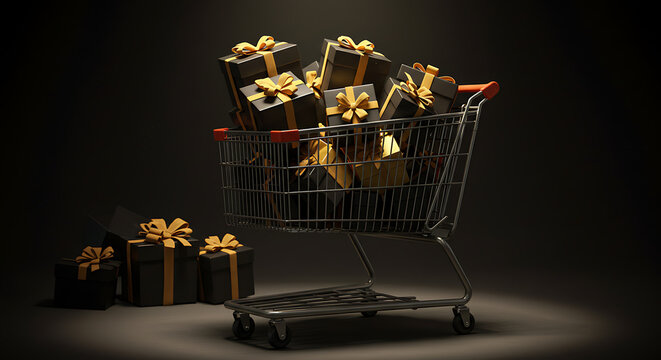 A shopping cart overflowing with elegantly wrapped gift boxes, accented with golden bows, is captured against a dramatic backdrop.