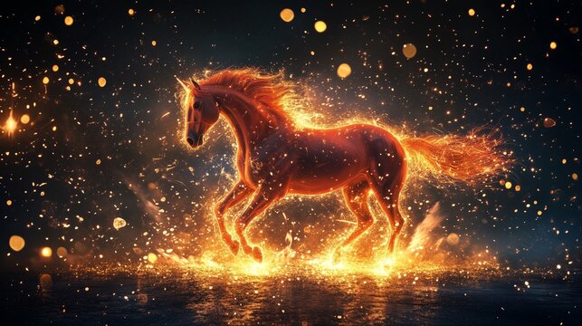 Majestic fiery horse galloping through sparkling water at night showcasing a magical scene