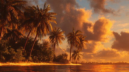 Beautiful sunset over the sea. Tropical landscape with palm trees and sandy beaches.