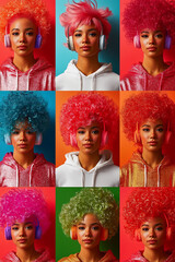 Naklejka premium A grid of colorful portraits of a model in different wigs and headphones, each panel showcasing vibrant individuality. A playful celebration of identity and fashion variation.