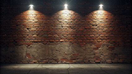 “Cinematic photograph of an aged, imperfect brick wall. Shot straight-on at eye level. The wall is dramatically lit by three evenly spaced spotlights, brightest in the center. High contrast between gl