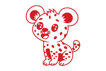 Cheerful spotted hyena cub sits outlined in red on a white background smiling sweetly