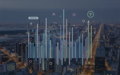 Financial Data Graph Overlayed on Blurred Cityscape at Dusk finance chart