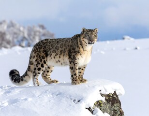 Fototapeta premium Snow leopard on snowy mountaintop (1)