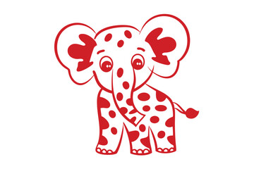 Cheerful stylized red elephant with whimsical spots stands happily against a plain background