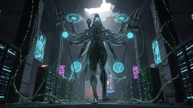 Digital Guardian of the Serververse: A Multi-Armed Metallic Deity Commands Ethereal Energy in a Nature-Entwined Data Center