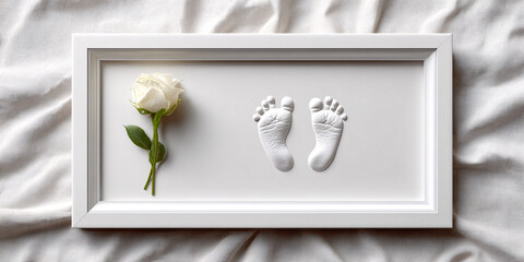 Newborn baby feet cast in white frame with rose, a precious memory of infancy and parenthood, celebrating new life and family love