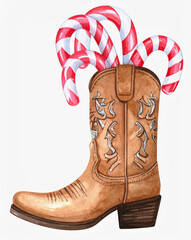 Unique cowboy boot filled with striped candy canes creates a festive and cheerful holiday spirit for Christmas celebrations in a charming winter setting