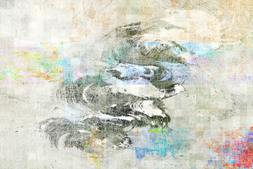 Fototapeta premium Soft pastel abstract featuring pale beige and gray tones accented by subtle blues and pinks. Central irregular black strokes create contrast, evoking ink blots or painterly washes across a delicate