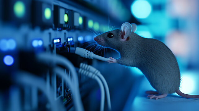 Rodent in server room: A small mouse investigates the network cables connected to blinking servers, perhaps causing disruption or seeking a warm place.