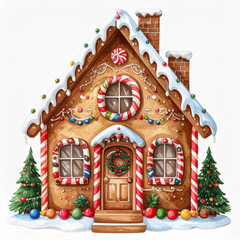 Cute gingerbread house decorated for Christmas with colorful candies, lush trees, and snowy rooftops creating a warm holiday scene in a festive atmosphere