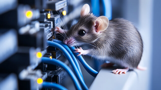 A mouse is exploring a network server rack, standing near the cables. This visual represents a computer system failure, data breach, security threat.