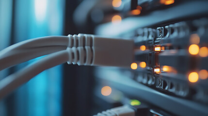 Server Room Connection: Network cables plugged into a server with blinking lights convey connectivity, data processing, and the infrastructure.