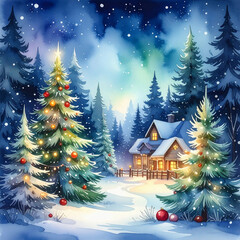A serene winter forest is filled with snow-covered pine trees adorned with colorful lights. Soft snow blankets the ground, reflecting the vibrant hues of the sky.