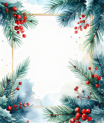 Festive watercolor illustration featuring pine branches and red berries creating a cheerful border for holiday greetings or Christmas cards