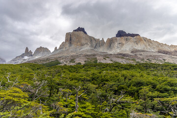 Patagonia mountain landscape. National parks of Chile and Argentina in South America scenic mountain summits view. Rocky granite peaks and glaciers in Patagonia Andes on a sunny day in summer