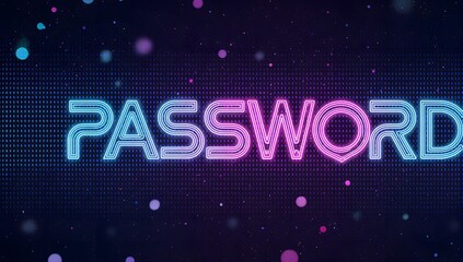 Futuristic neon typography spelling 'Password' in blue and pink shades, over binary matrix code, symbolizing cybersecurity, privacy, and access control themes.