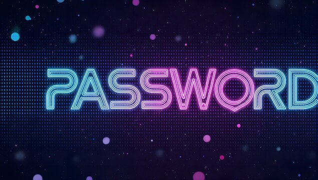 Futuristic neon typography spelling 'Password' in blue and pink shades, over binary matrix code, symbolizing cybersecurity, privacy, and access control themes.