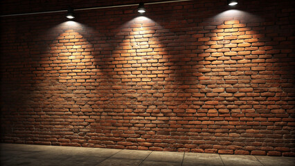 “Eye-level shot of a vintage brick wall, fully filling the frame. The wall is bathed in light from three spotlights overhead, with the middle light brightest. Bright patches fade into shadow, creating