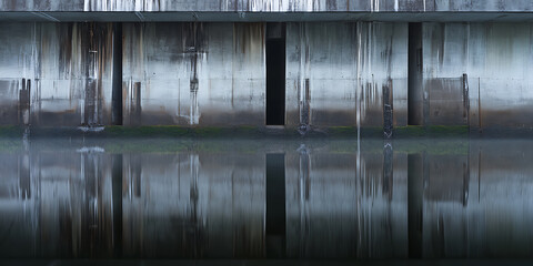 Concrete structure reflected in the water creating a somber and dark scene. Weathered wall with openings casts symmetrical reflections.