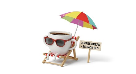 Funny coffee cup relaxing on a beach chair under a colorful umbrella