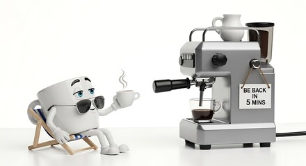 Funny coffee cup character enjoying a fresh espresso from a machine
