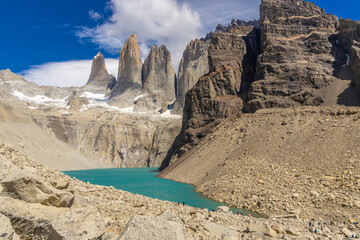 Patagonia mountain landscape. National parks of Chile and Argentina in South America scenic mountain summits view. Rocky granite peaks and glaciers in Patagonia Andes on a sunny day in summer