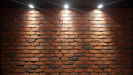 “Close-up, symmetrical photo of an aged brick wall, reddish-brown bricks in a running bond pattern. Three spotlights shine from above, central one brightest. Strong contrast between lit areas and deep