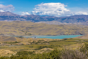Fototapeta premium Patagonia mountain landscape. National parks of Chile and Argentina in South America scenic mountain summits view. Rocky granite peaks and glaciers in Patagonia Andes on a sunny day in summer
