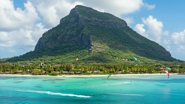 Le morne brabant mountain and kite surfers in mauritius