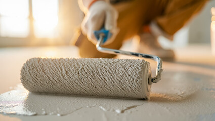 Obraz premium Close-up of a paint roller applying white paint on a floor during home renovation, sunlight streaming through windows, worker kneeling in background wearing gloves and protective shoes