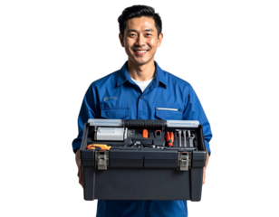 Technician in Blue Shirt with Toolbox PNG