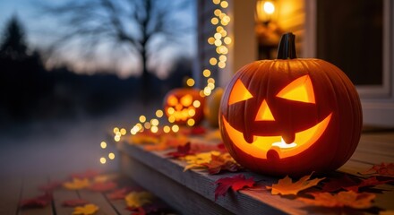 Spooky Halloween pumpkin lantern decorations on a porch at dusk with autumn leaves