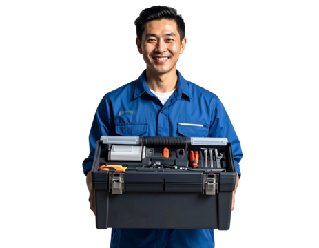 Technician in Blue Shirt with Toolbox PNG