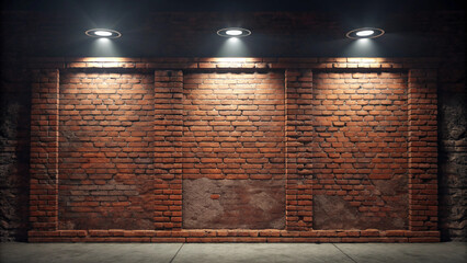 “A high-resolution cinematic photograph of a weathered reddish-brown brick wall, framed head-on at eye level. The wall is lit by three evenly spaced spotlights from above, with the central light stron