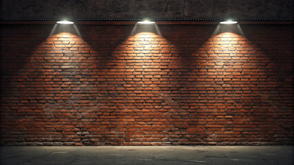 “A high-resolution cinematic photograph of a weathered reddish-brown brick wall, framed head-on at eye level. The wall is lit by three evenly spaced spotlights from above, with the central light stron
