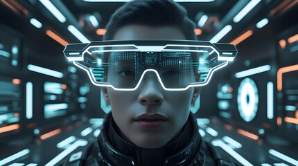 A young man wearing smart AR glasses 