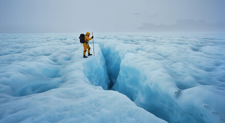 Scientist examining glacier crevasse with measuring pole in arctic environment