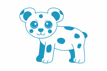 Cute cartoon puppy with blue spots stands smiling on a white background